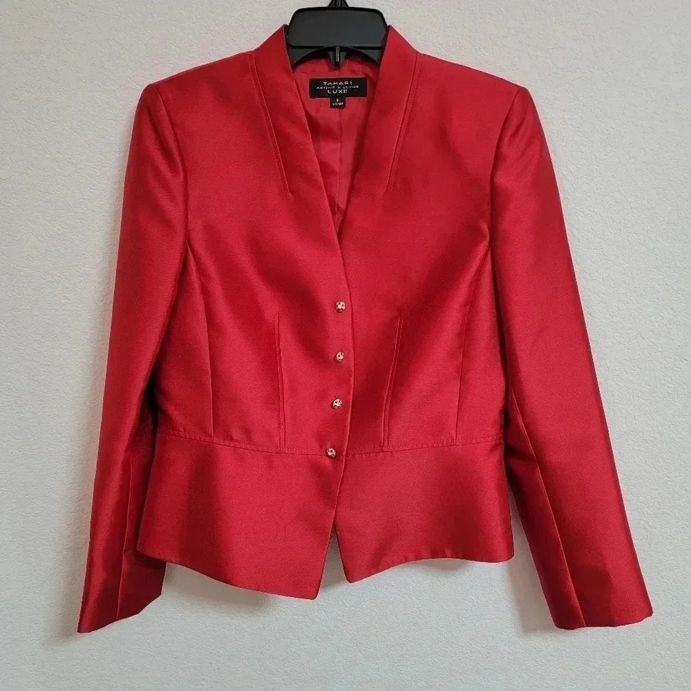 Tahari Red Satin Blazer with Rhinestone Buttons